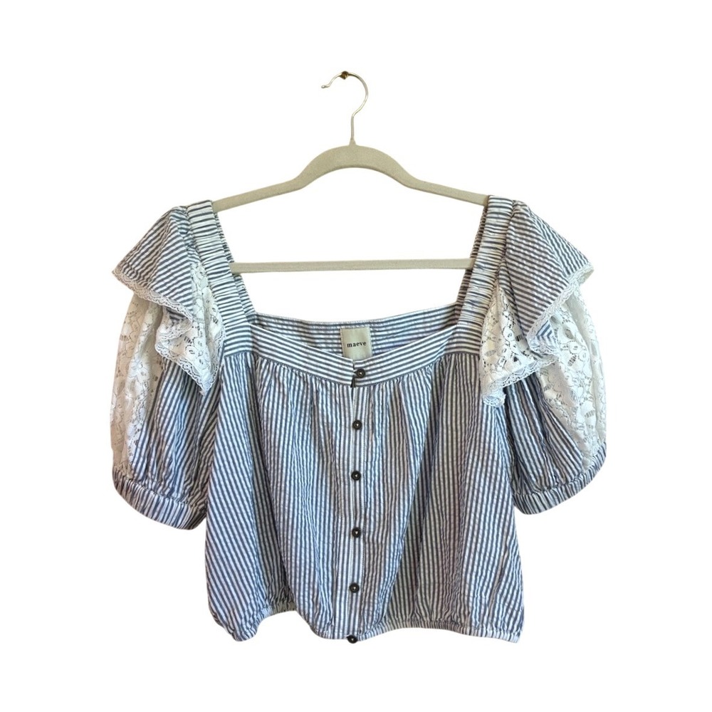 Anthropologie MAEVE Large Striped Seersucker Balloon Sleeve Sweetheart Crop Top